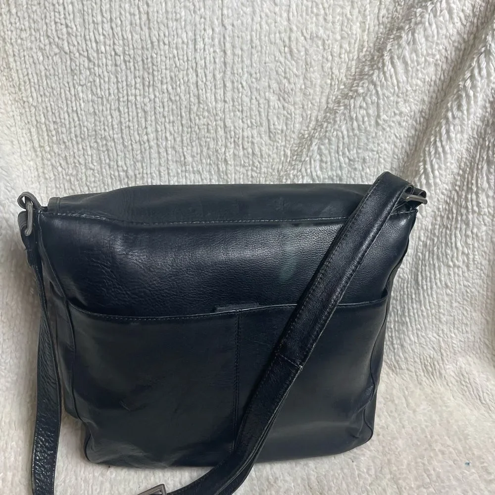 Latico Classic Black Leather Messenger Bag silver tone hardwares.